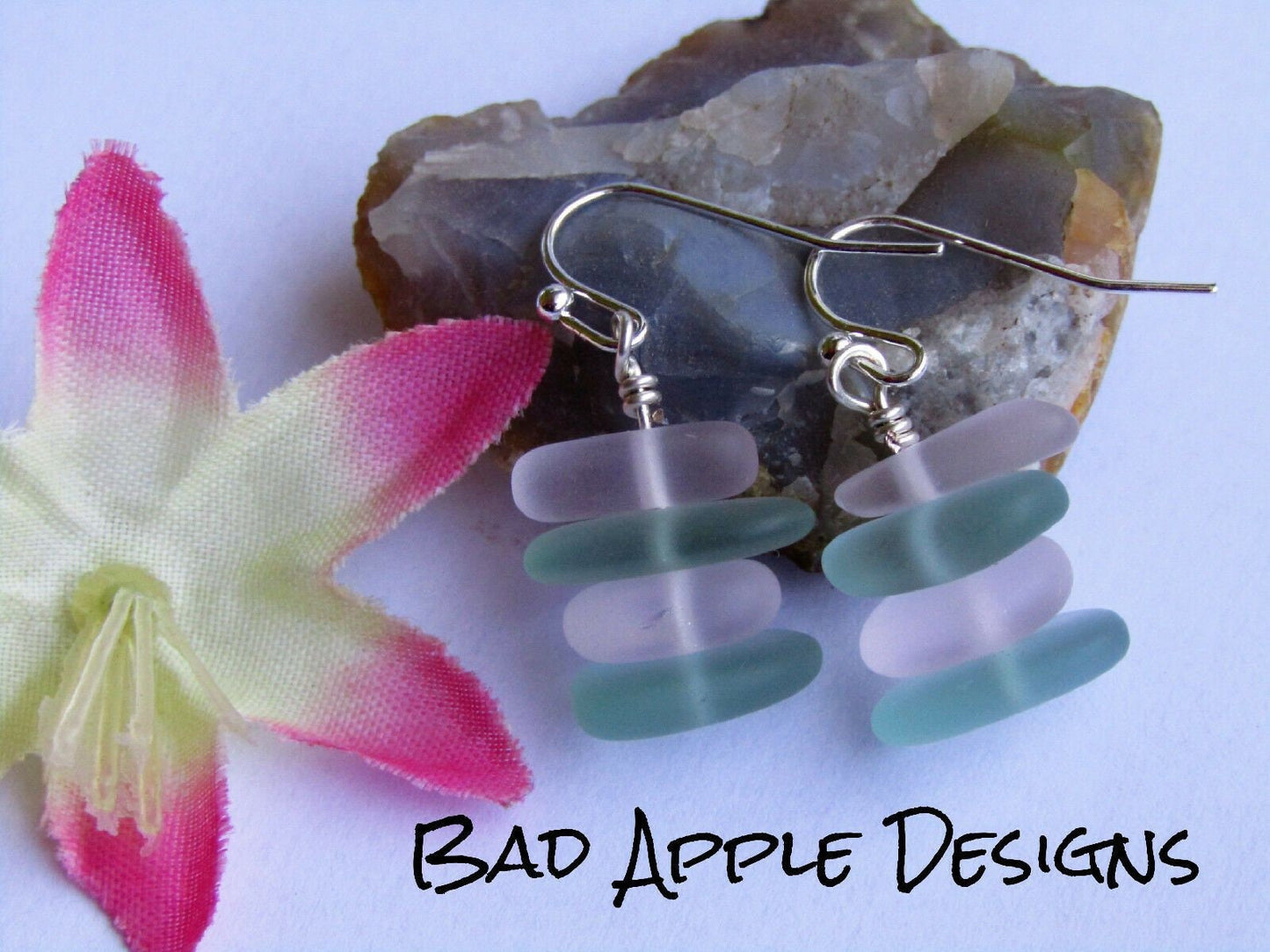 Stacked Sea Glass Earrings: Aqua Blue & Pink, Sterling Silver Dangle
