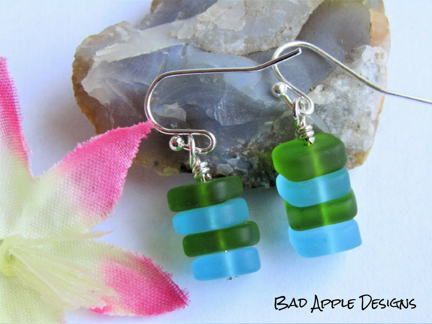 Sea Glass Earrings: Green & Blue Sterling Silver Dangle Earrings