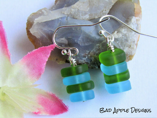 Sea Glass Earrings: Green & Blue Sterling Silver Dangle Earrings