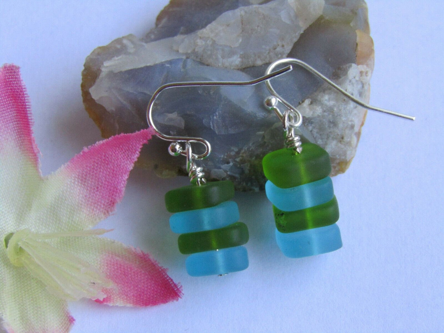 Sea Glass Earrings: Green & Blue Sterling Silver Dangle Earrings