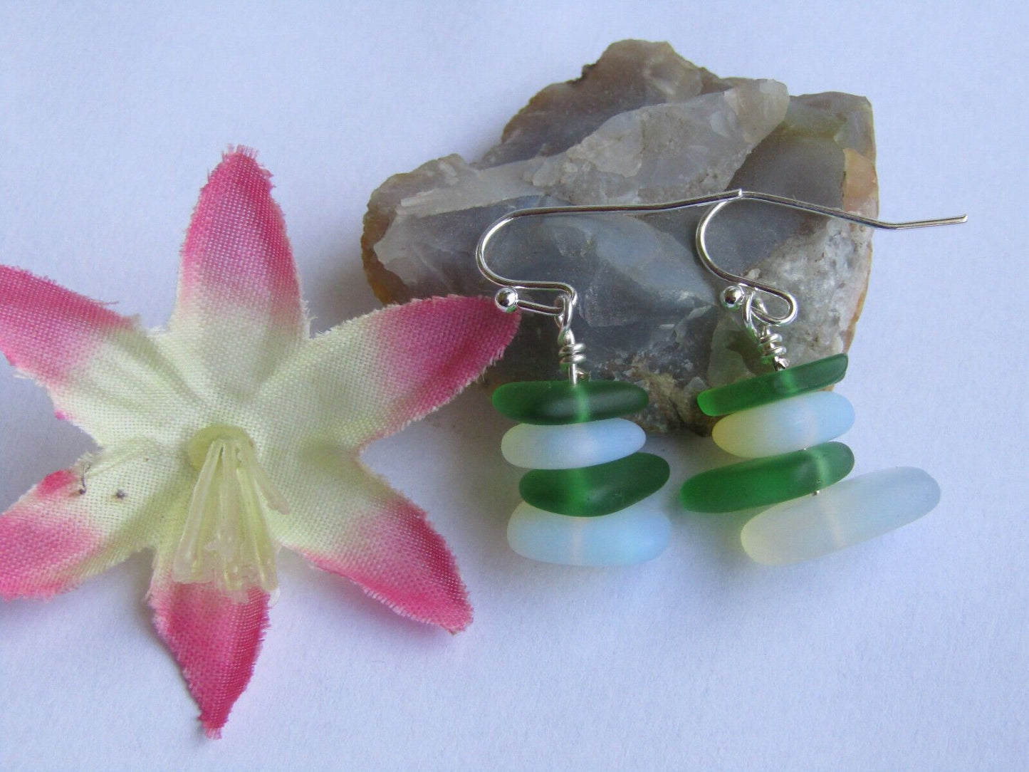Frosted Sea Glass Dangle Earrings: Green Pebble Sterling Silver