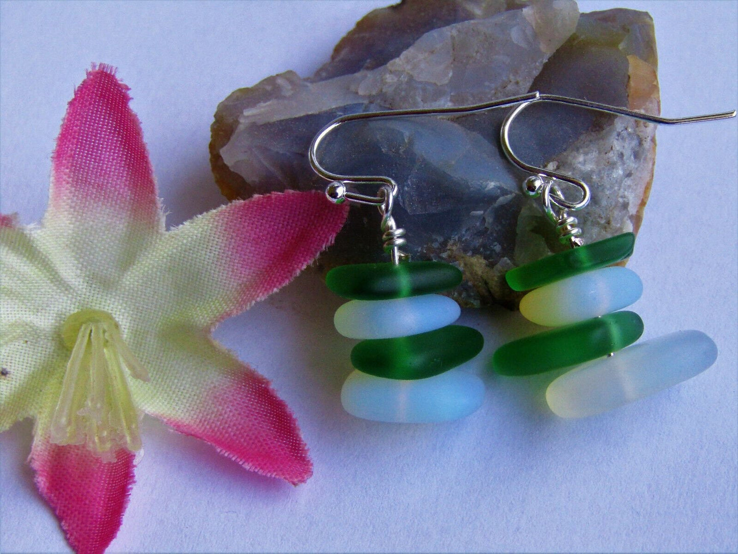 Frosted Sea Glass Dangle Earrings: Green Pebble Sterling Silver