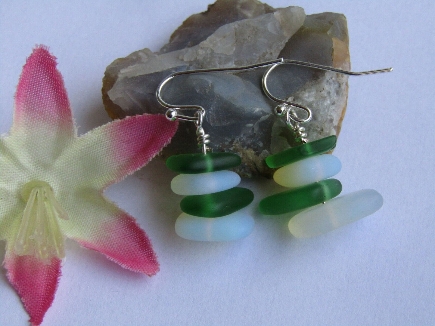 Frosted Sea Glass Dangle Earrings: Green Pebble Sterling Silver