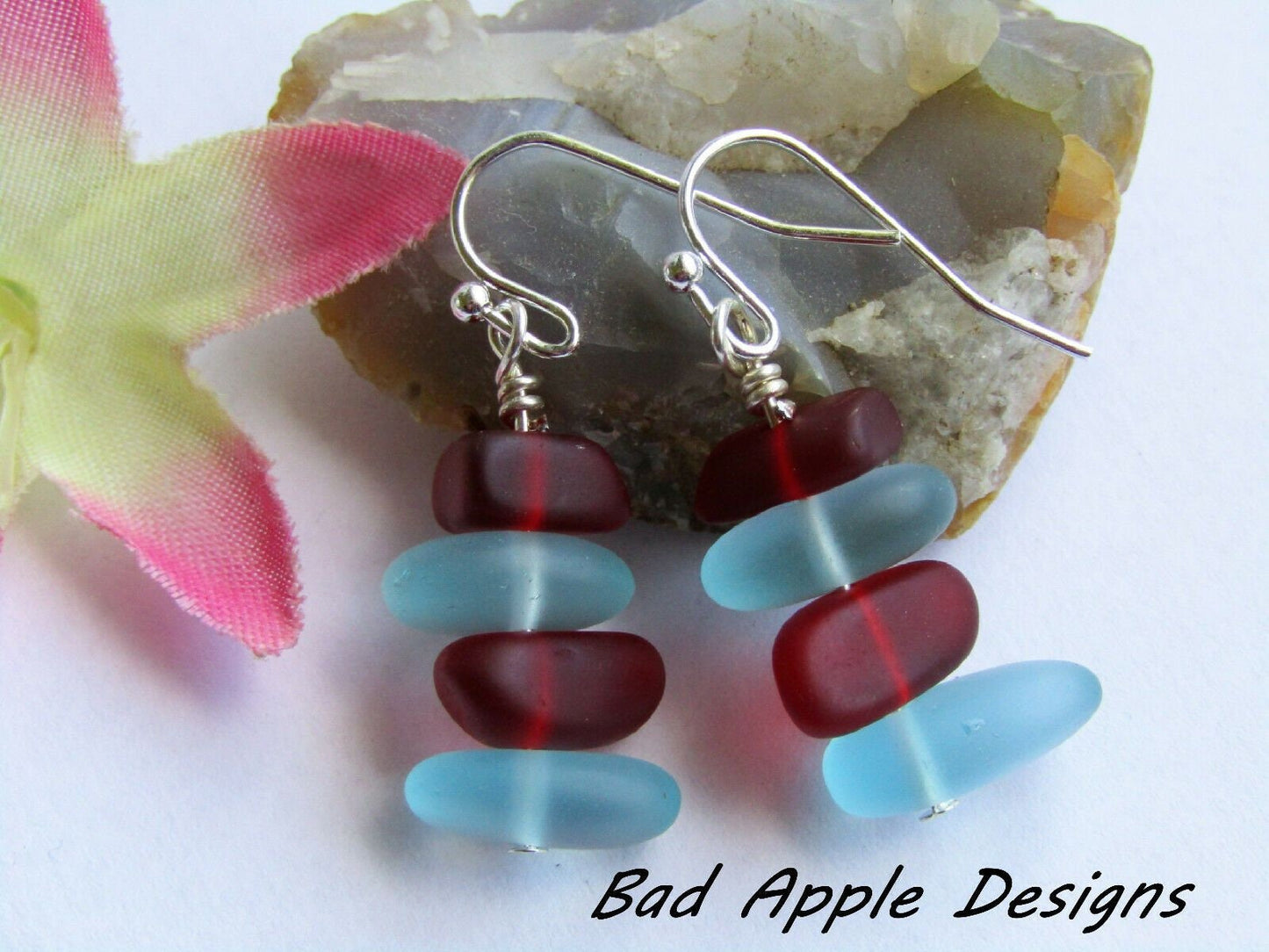 Red & Blue Sea Glass Earrings: Sterling Silver Beach Jewelry