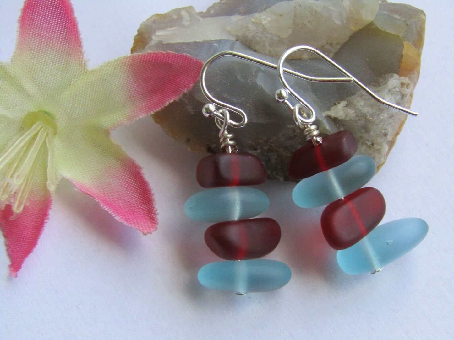Red & Blue Sea Glass Earrings: Sterling Silver Beach Jewelry