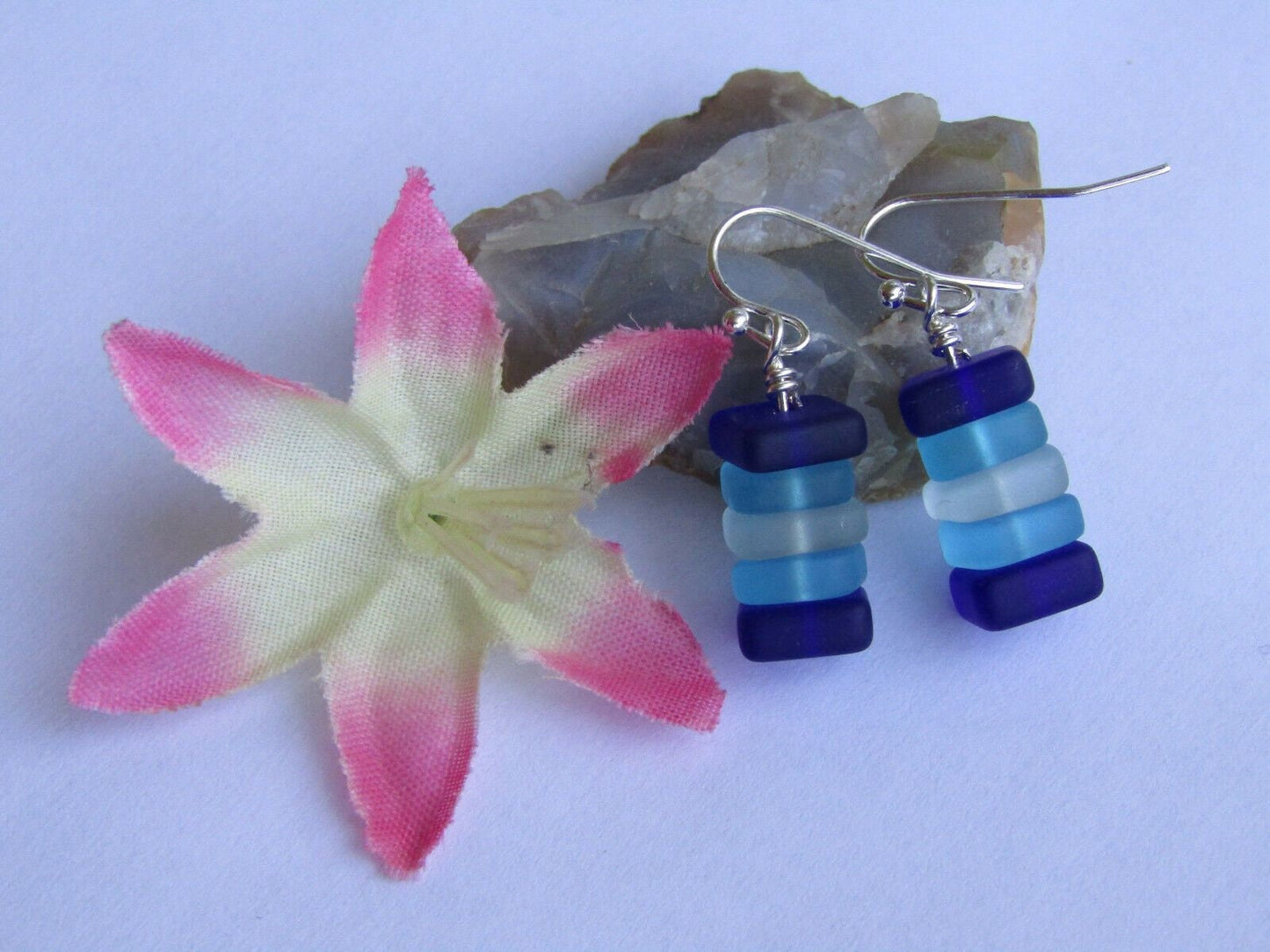 Stacked Sea Glass Earrings: Sterling Silver, Blue & White Pebble