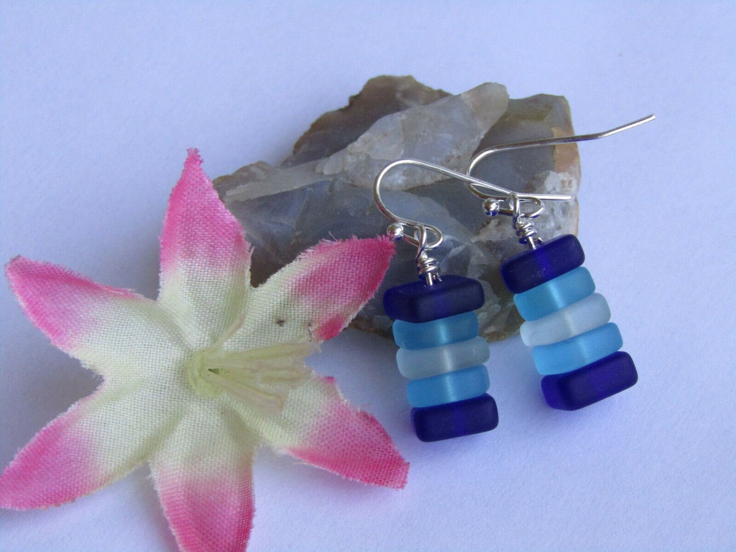 Stacked Sea Glass Earrings: Sterling Silver, Blue & White Pebble
