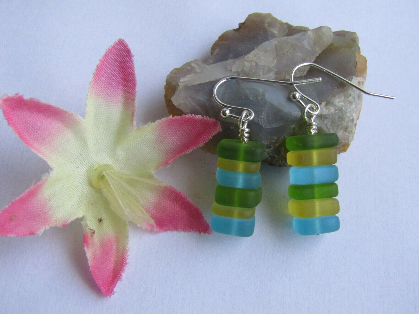 Multicolor Sea Glass Dangle Earrings: .925 Sterling Silver