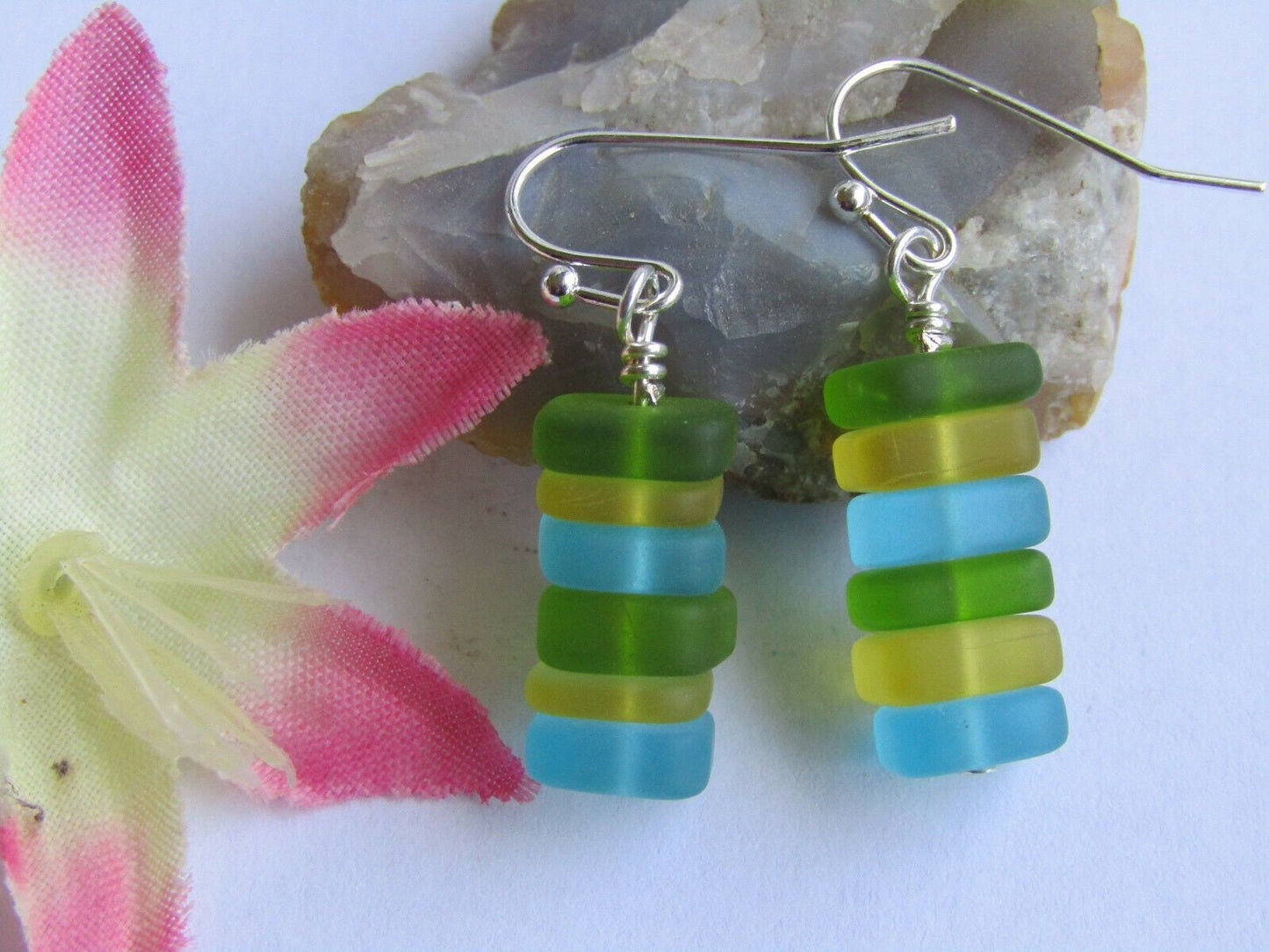 Multicolor Sea Glass Dangle Earrings: .925 Sterling Silver