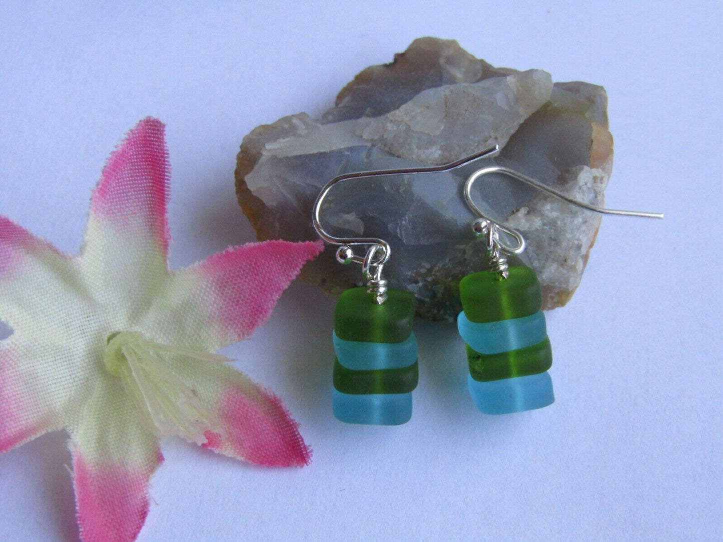 Sea Glass Earrings: Green & Blue Sterling Silver Dangle Earrings