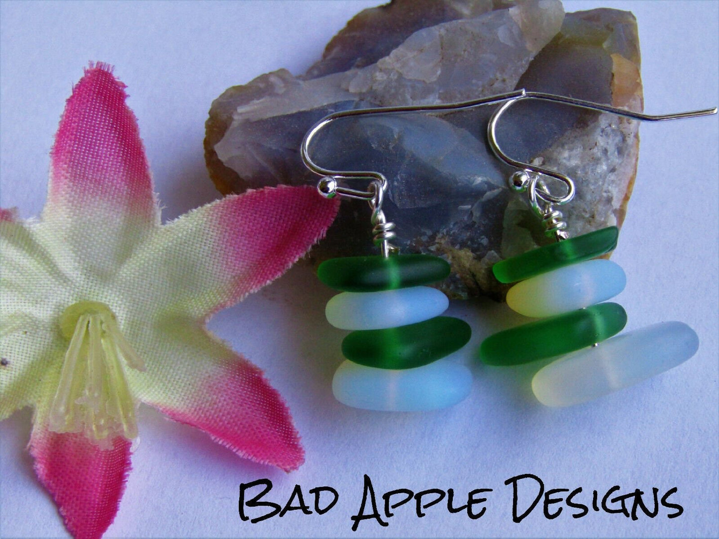 Frosted Sea Glass Dangle Earrings: Green Pebble Sterling Silver
