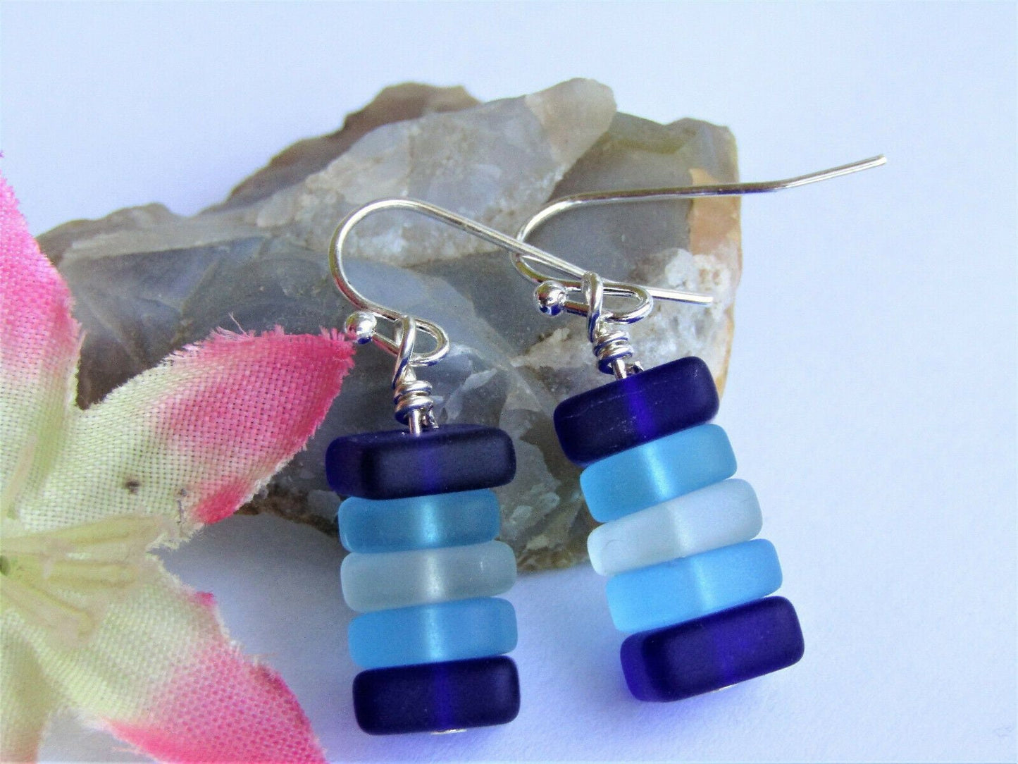 Stacked Sea Glass Earrings: Sterling Silver, Blue & White Pebble