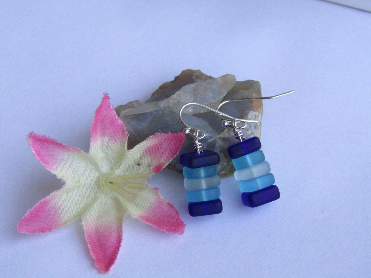 Stacked Sea Glass Earrings: Sterling Silver, Blue & White Pebble