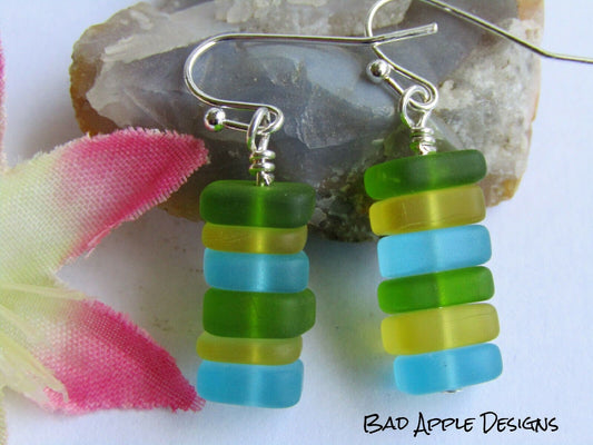 Multicolor Sea Glass Dangle Earrings: .925 Sterling Silver