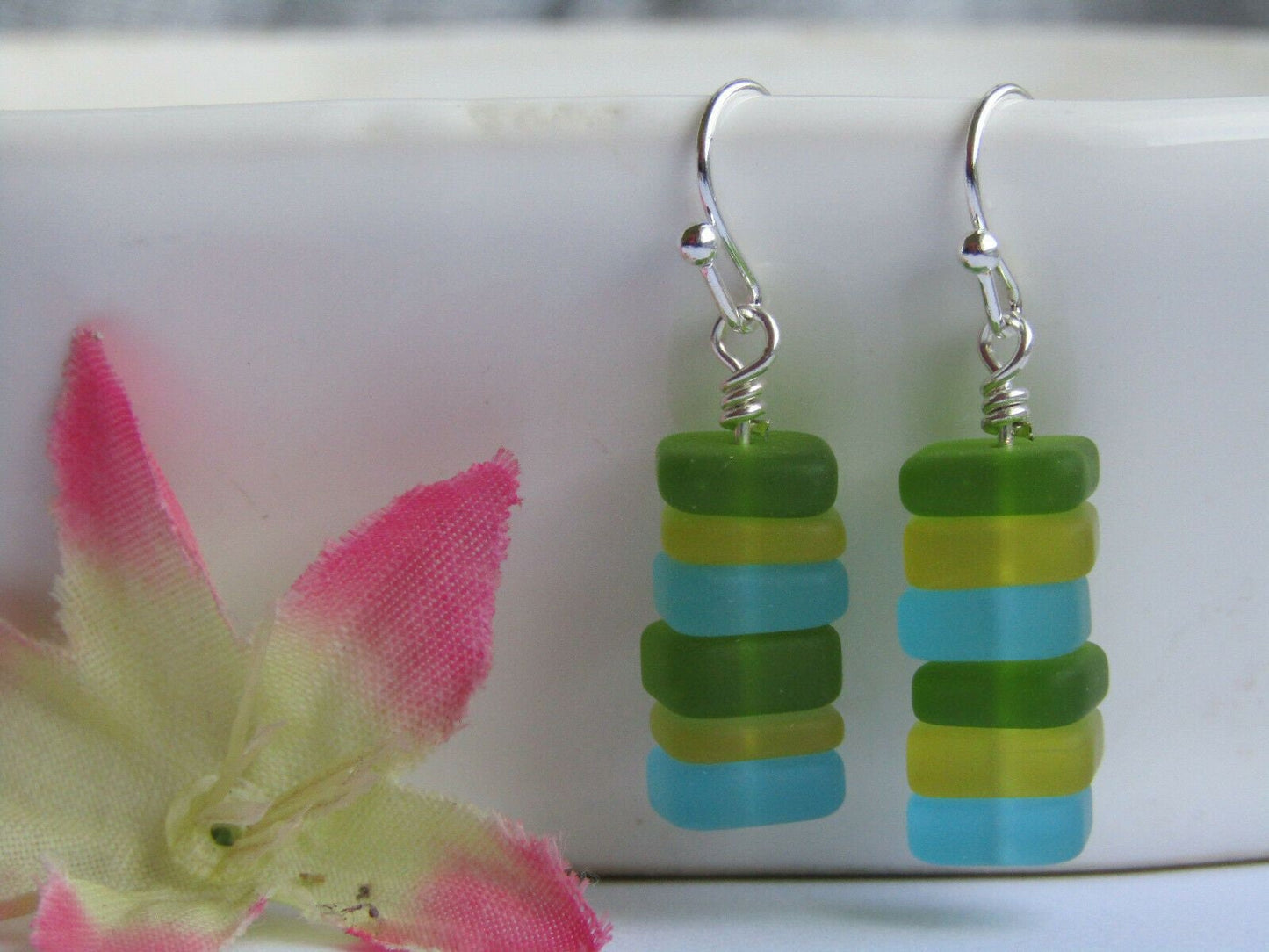 Multicolor Sea Glass Dangle Earrings: .925 Sterling Silver