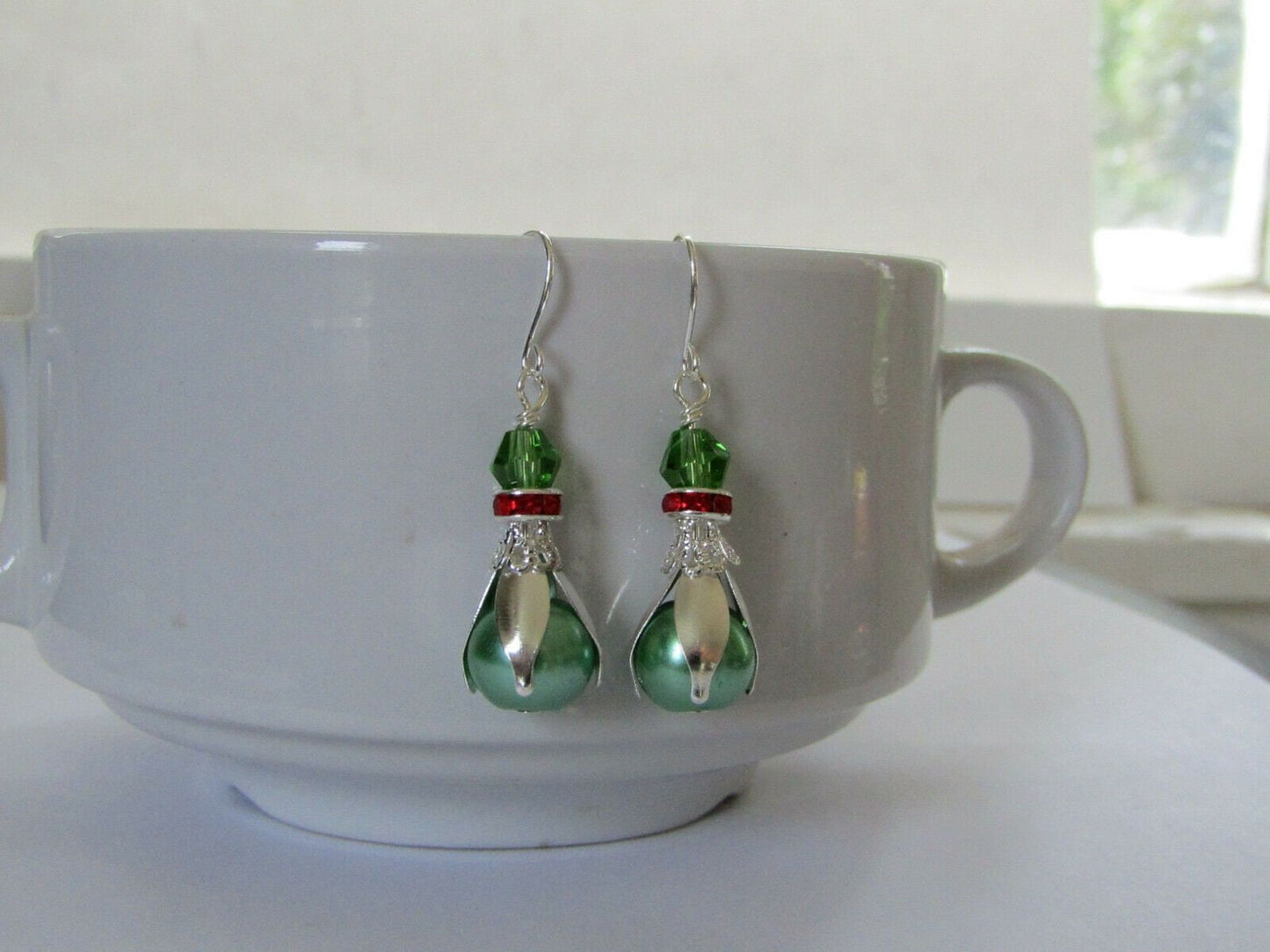 Green Pearl Dangle Earrings Holiday Earrings Christmas Earrings Gift For Her Stocking Stuffer