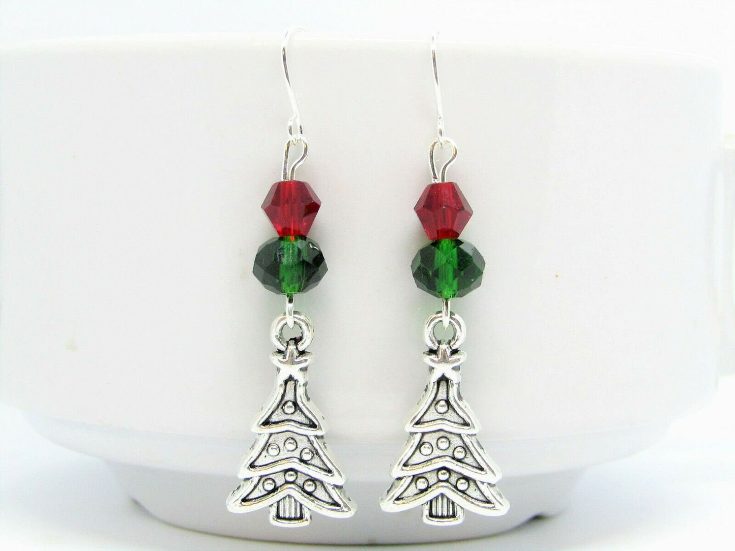 Christmas Tree Earrings, Charm Green & Red Crystal, Festive Jewelry, Stocking Stuffer