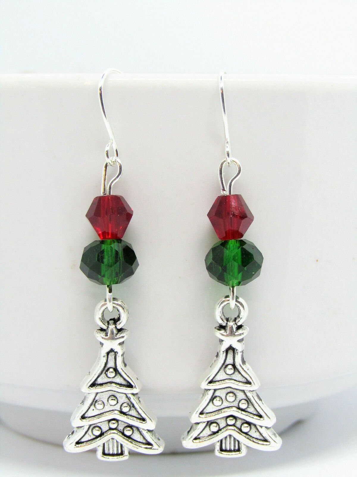 Christmas Tree Earrings, Charm Green & Red Crystal, Festive Jewelry, Stocking Stuffer