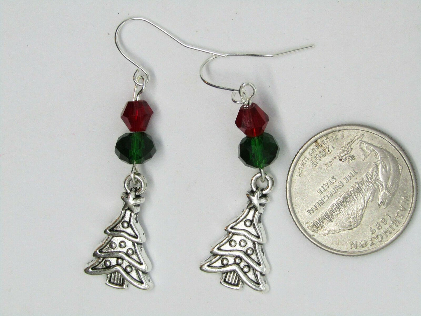 Christmas Tree Earrings, Charm Green & Red Crystal, Festive Jewelry, Stocking Stuffer