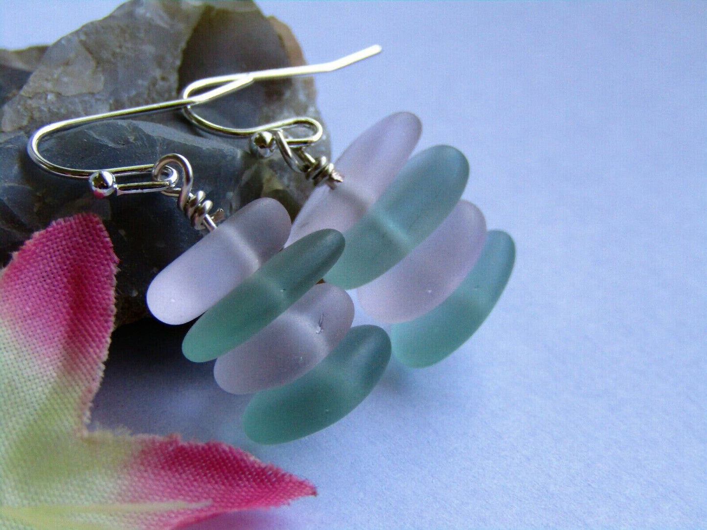 Stacked Sea Glass Earrings: Aqua Blue & Pink, Sterling Silver Dangle