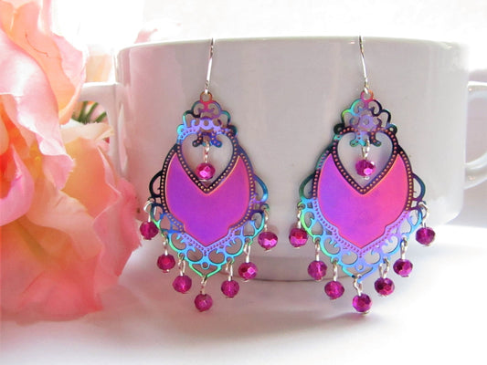 Pink Chandelier Earrings: Faceted Glass Boho Dangle Earrings