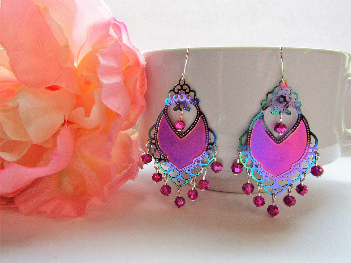 Pink Chandelier Earrings: Faceted Glass Boho Dangle Earrings