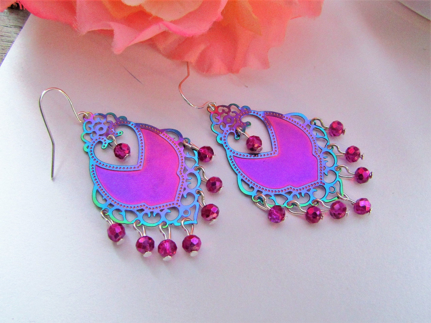 Pink Chandelier Earrings: Faceted Glass Boho Dangle Earrings