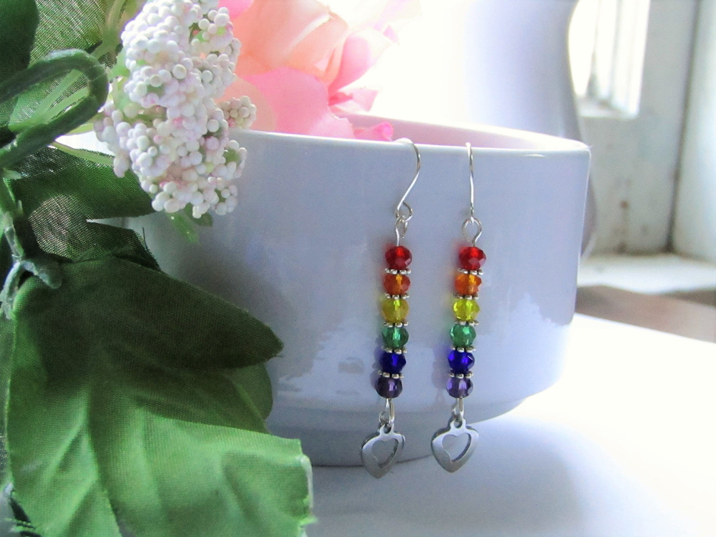 Rainbow Pride Earrings: Stainless Steel Heart Charm, Glass Beads