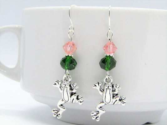 Frog Dangle Earrings: Green & Pink Glass Beads, Silver Toad Charm