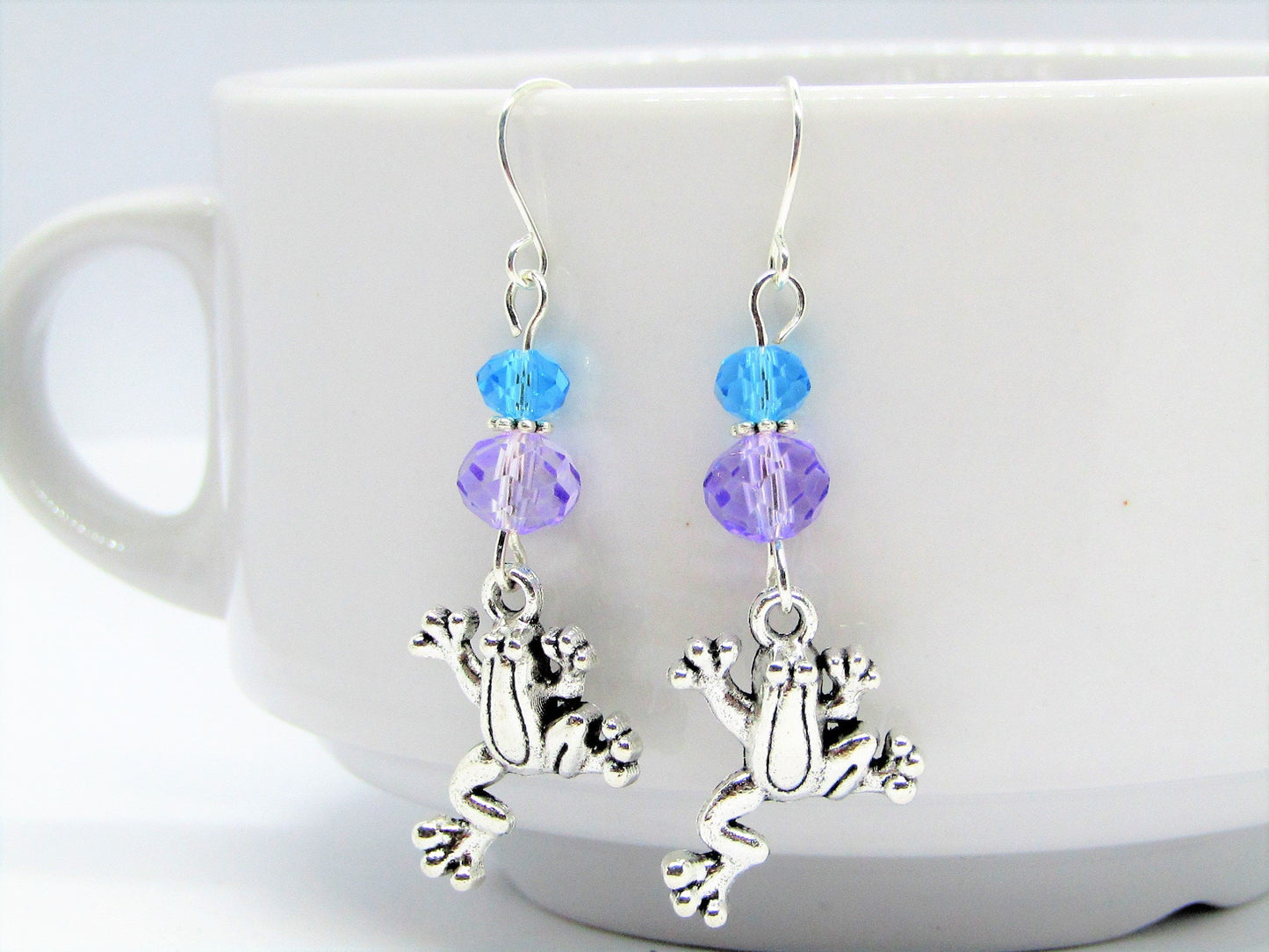 Frog Dangle Earrings: Blue Purple Glass Beads, Sterling Silver