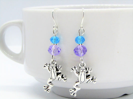 Frog Dangle Earrings: Blue Purple Glass Beads, Sterling Silver