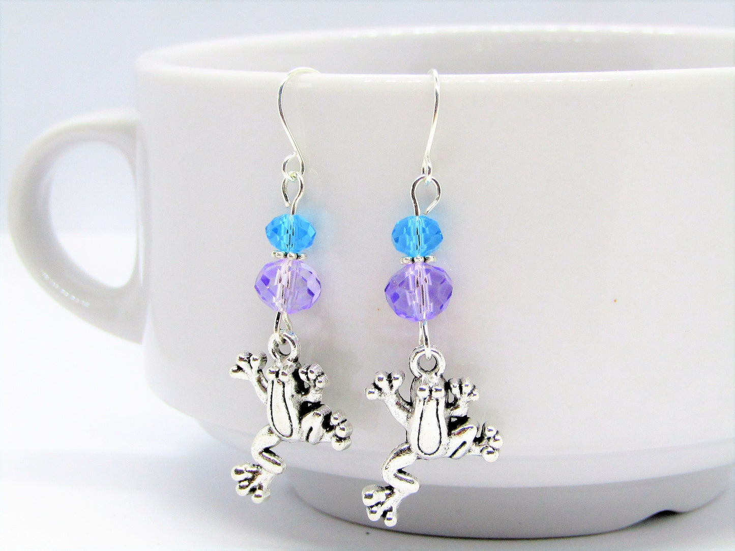 Frog Dangle Earrings: Blue Purple Glass Beads, Sterling Silver