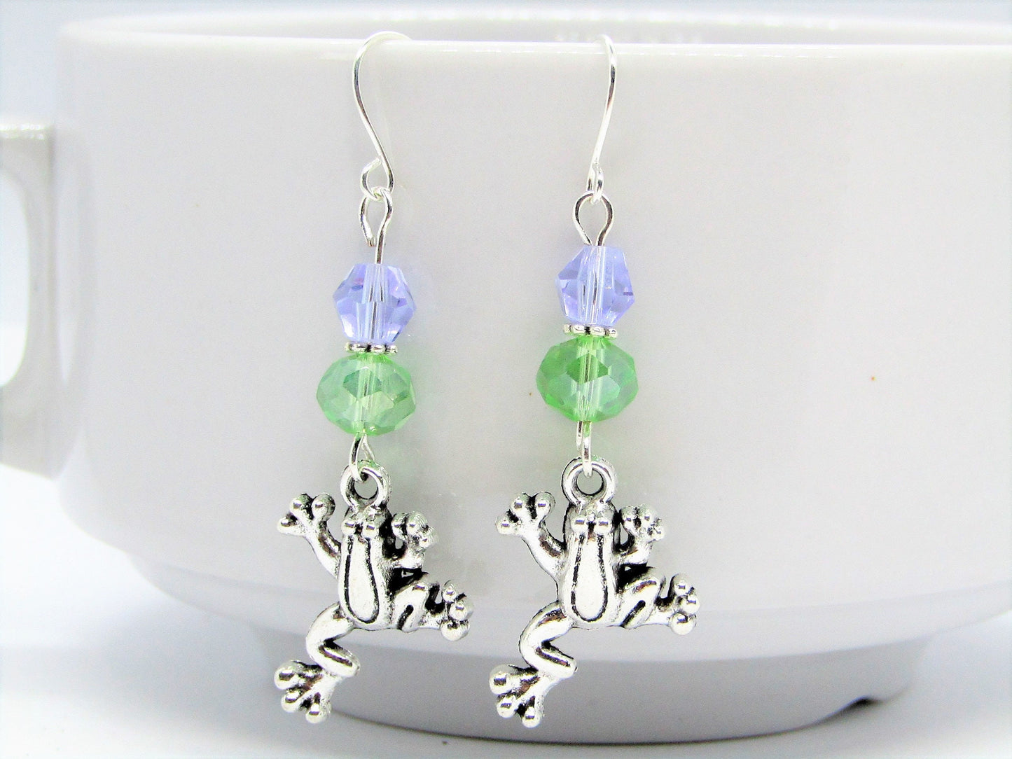 Frog Dangle Earrings: Green & Purple Glass Beads, Silver Plated