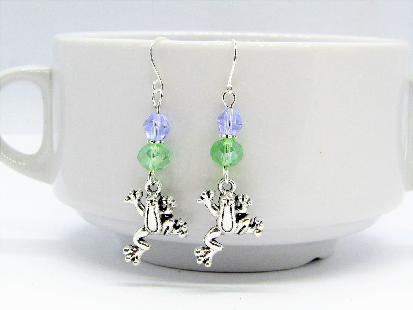 Frog Dangle Earrings: Green & Purple Glass Beads, Silver Plated