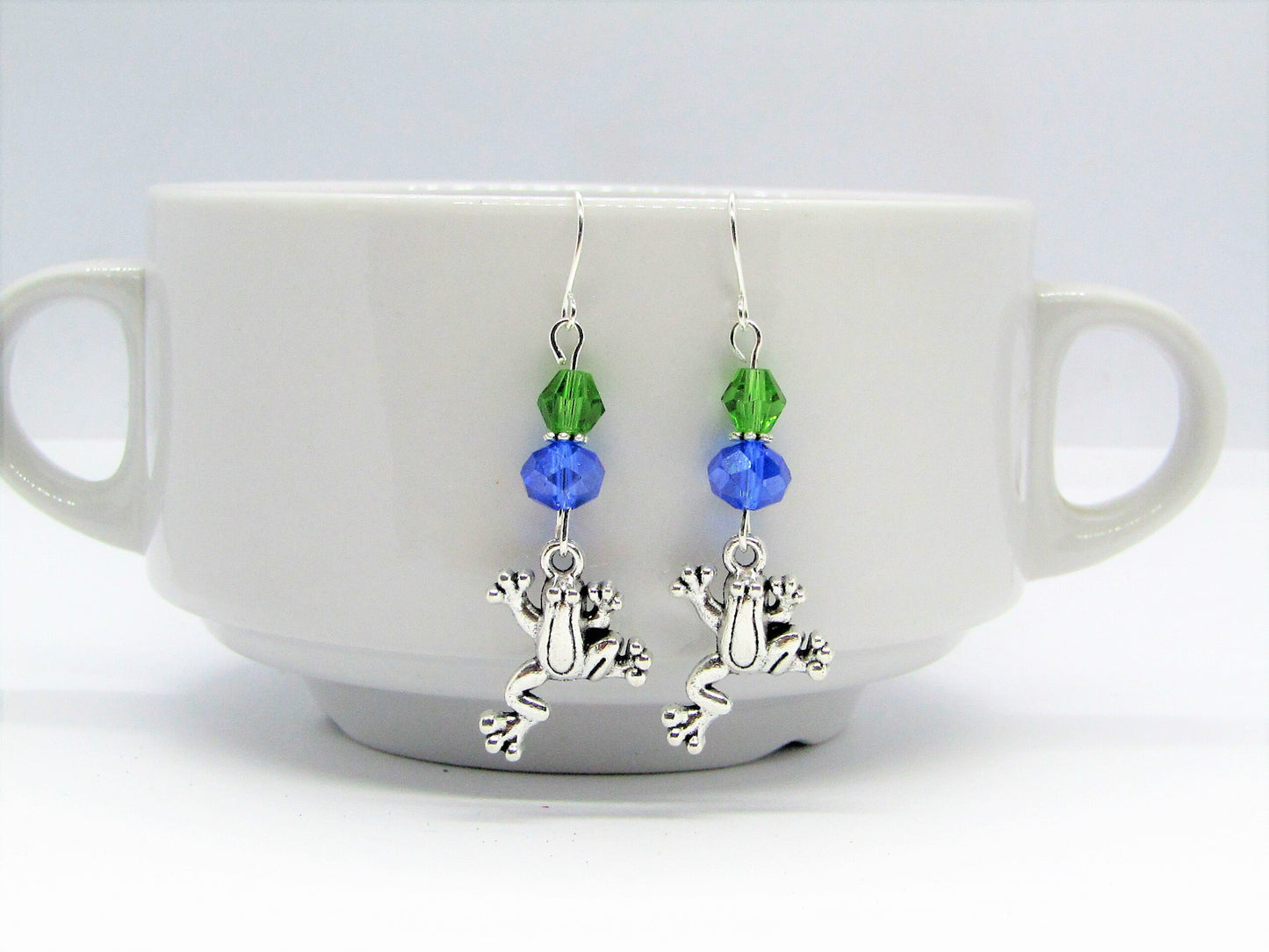 Frog Charm Dangle Earrings: Green & Blue Glass Beads, Silver Plated