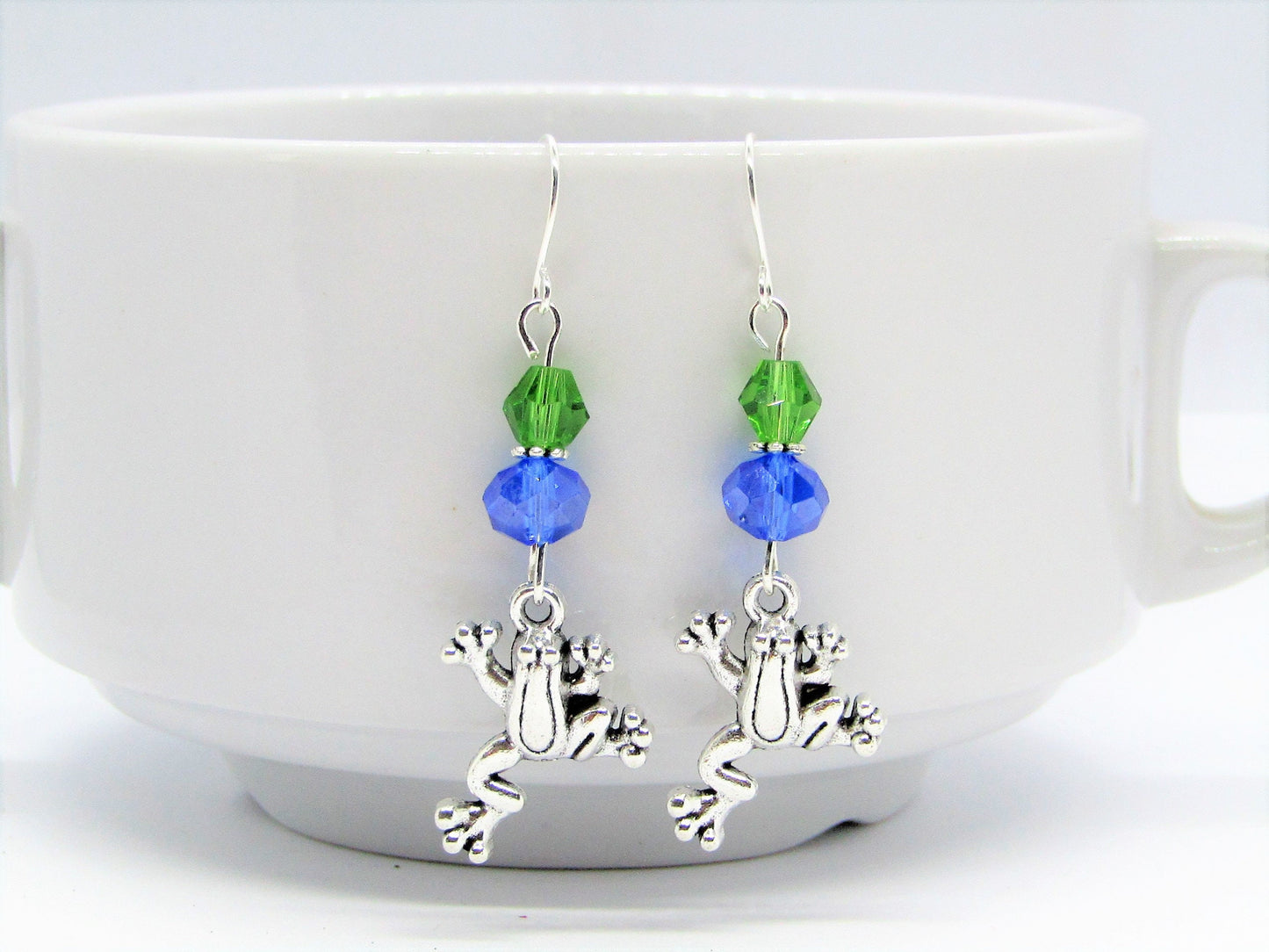 Frog Charm Dangle Earrings: Green & Blue Glass Beads, Silver Plated