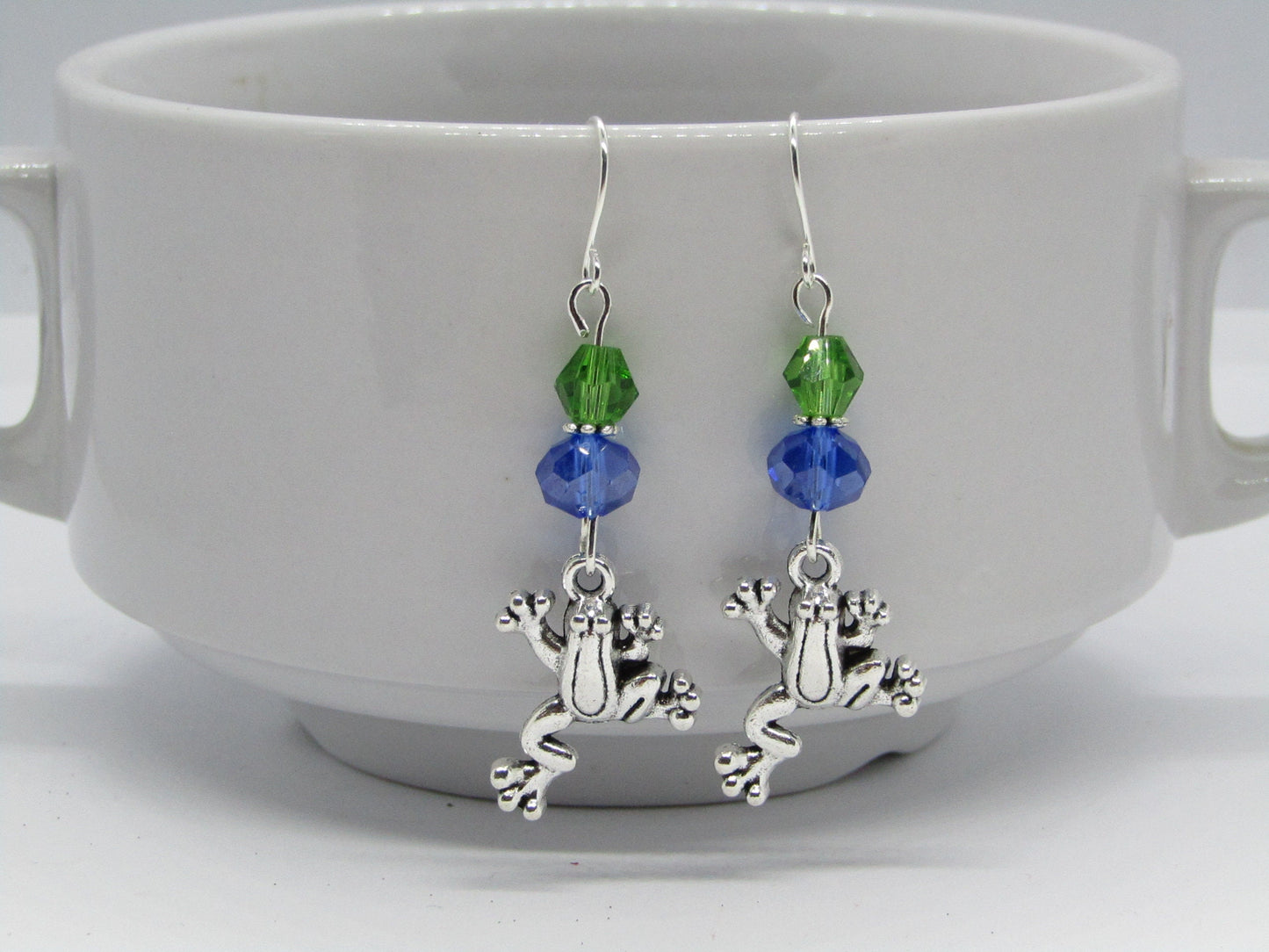 Frog Charm Dangle Earrings: Green & Blue Glass Beads, Silver Plated