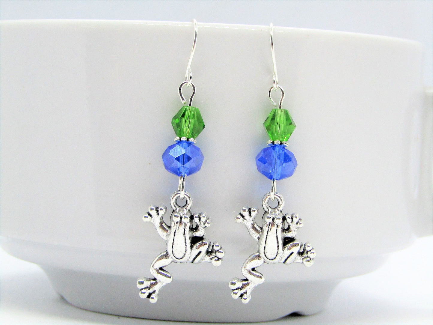 Frog Charm Dangle Earrings: Green & Blue Glass Beads, Silver Plated