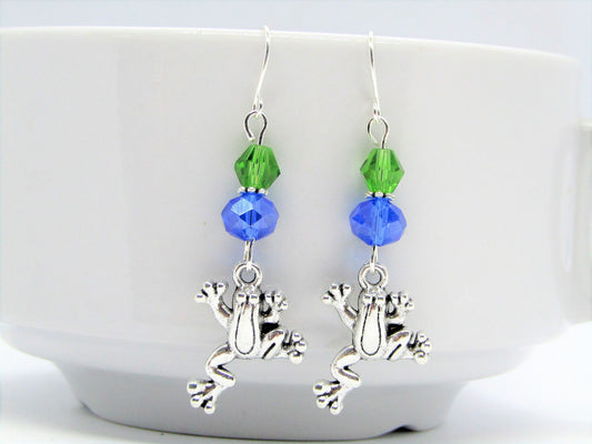Frog Charm Dangle Earrings: Green & Blue Glass Beads, Silver Plated