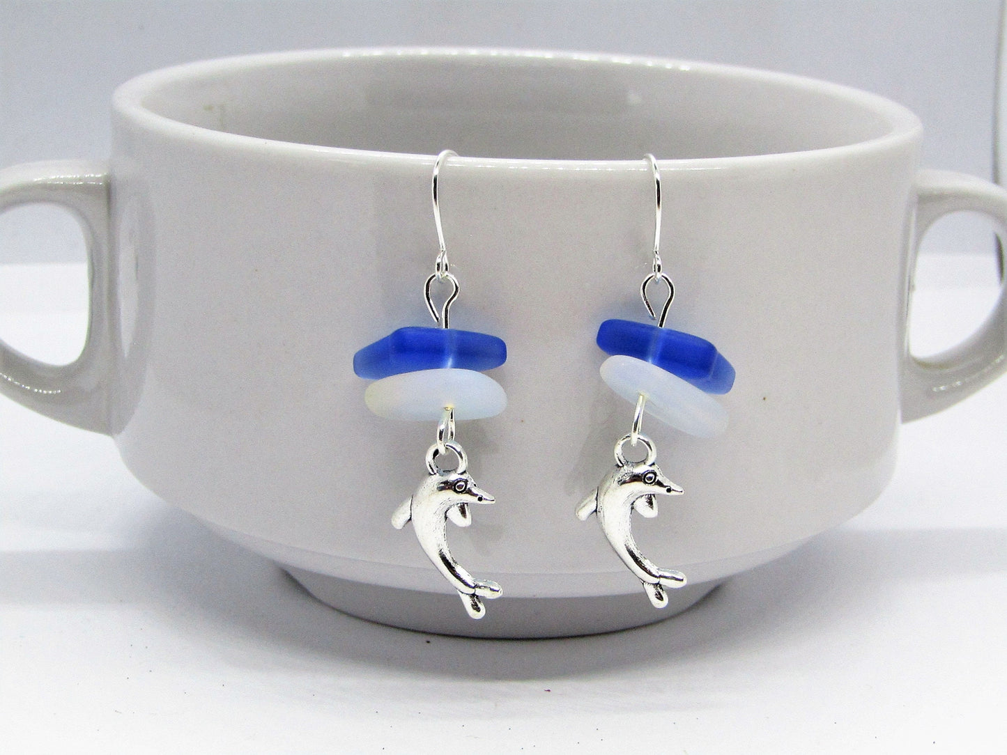 Dolphin Earrings: Frosted Sea Glass, Moonstone Opal & Sapphire Blue