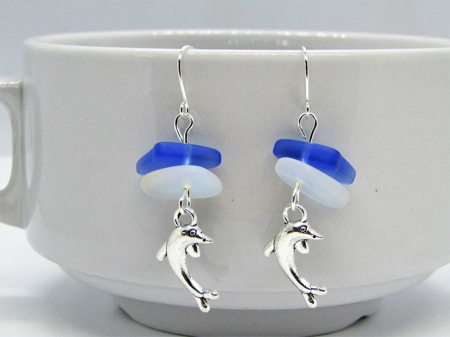 Dolphin Earrings: Frosted Sea Glass, Moonstone Opal & Sapphire Blue