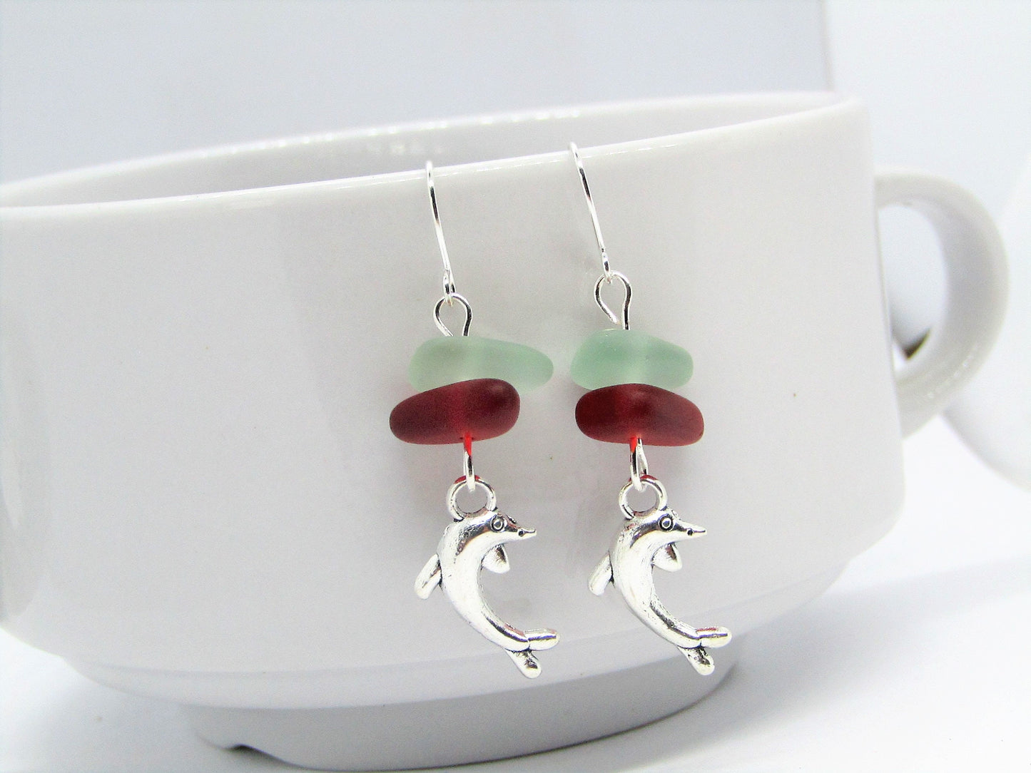 Frosted Sea Glass Dolphin Earrings: Red & Sapphire Blue Pebble Dangles