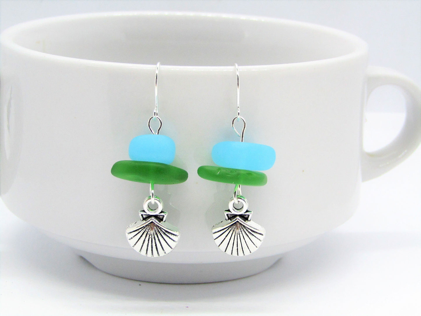 Frosted Sea Glass Earrings: Sterling Silver Seashell Charm Dangles