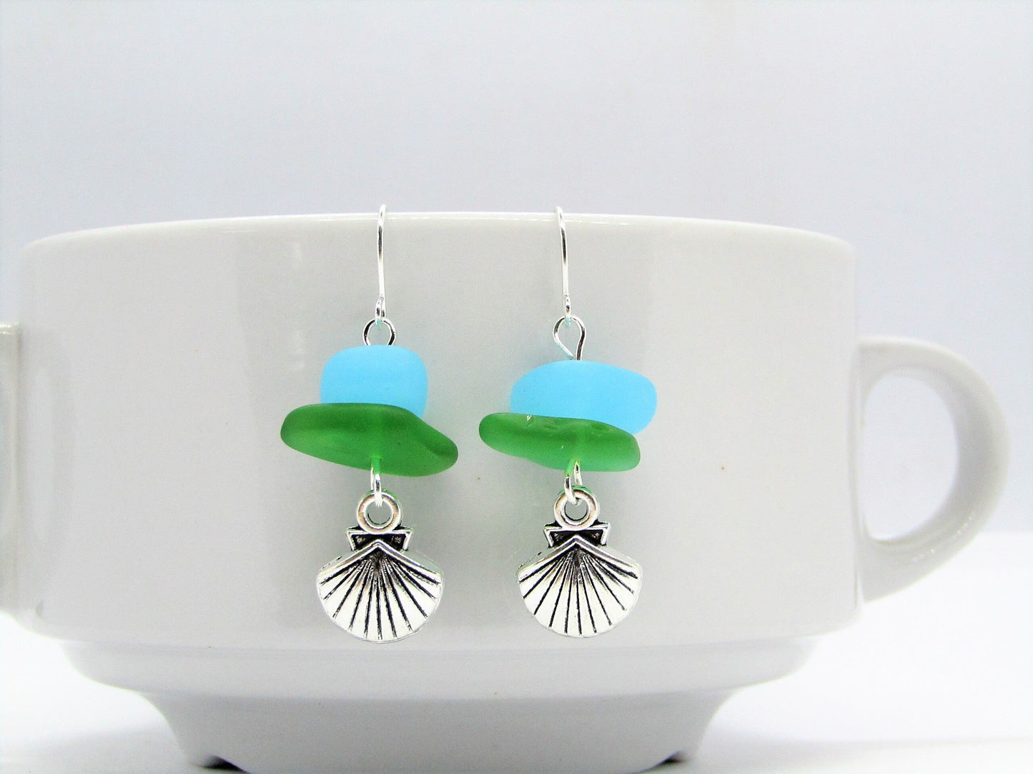 Frosted Sea Glass Earrings: Sterling Silver Seashell Charm Dangles