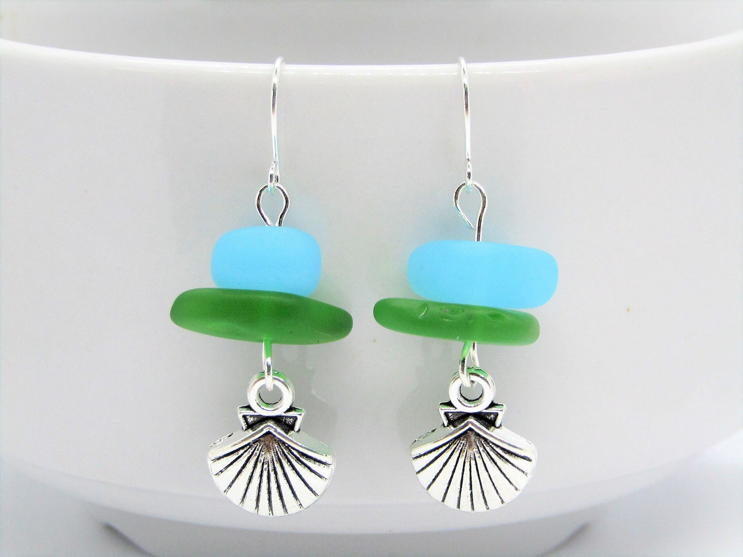 Frosted Sea Glass Earrings: Sterling Silver Seashell Charm Dangles