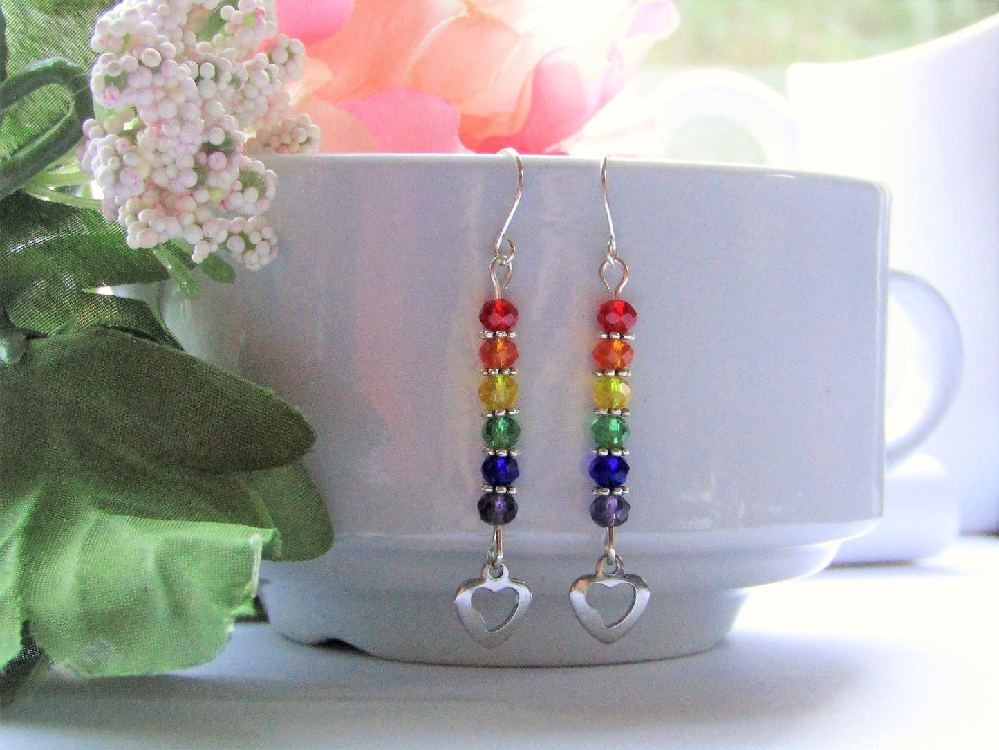 Rainbow Pride Earrings: Stainless Steel Heart Charm, Glass Beads