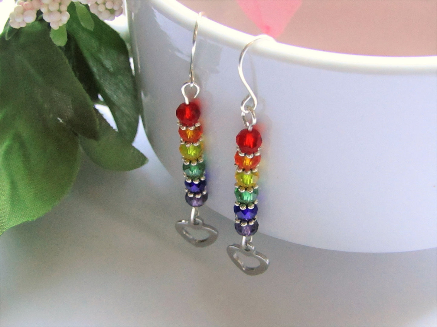 Rainbow Pride Earrings: Stainless Steel Heart Charm, Glass Beads