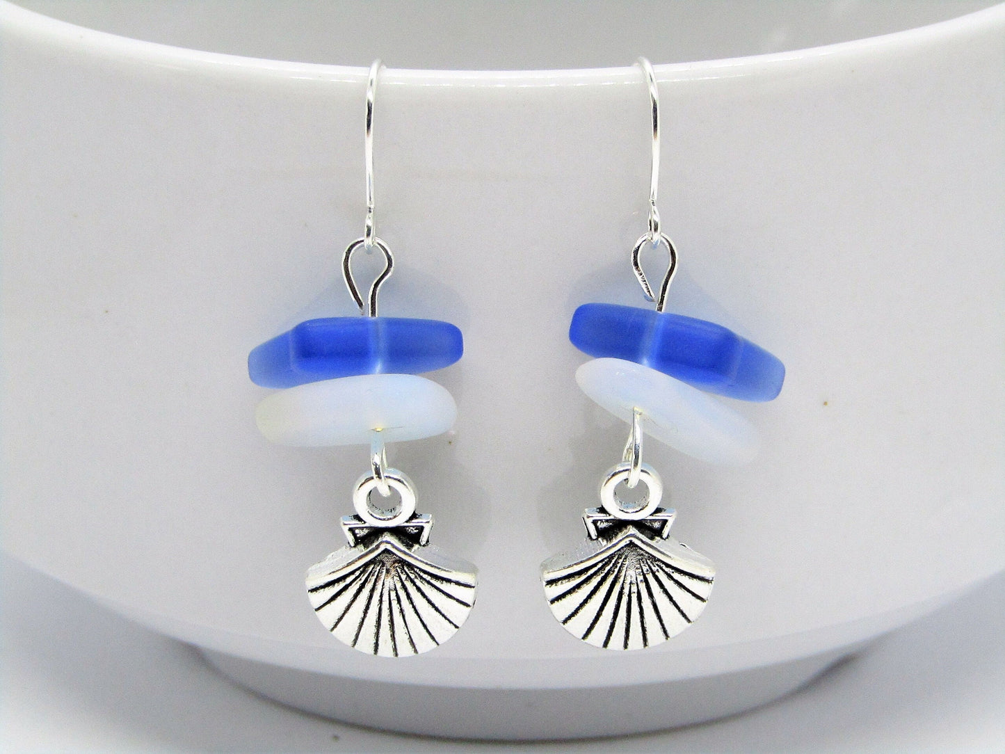Frosted Sea Glass Earrings: Moonstone Opal, Sapphire Blue, Silver Seashell Charm