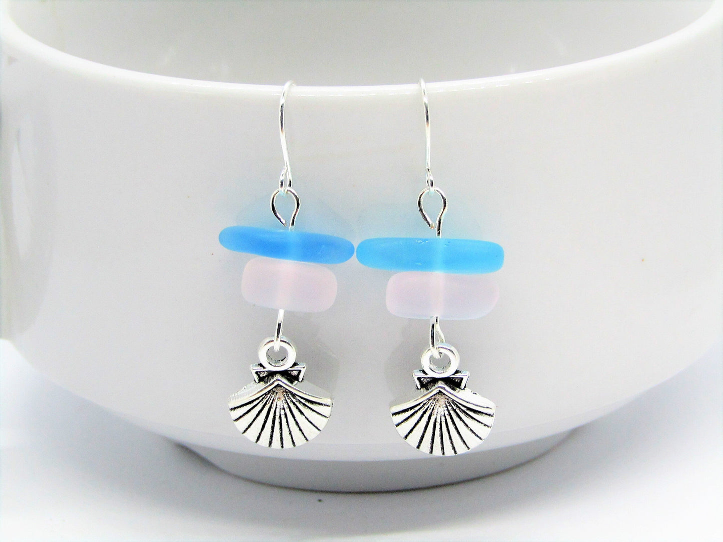 Frosted Sea Glass Earrings: Sterling Silver Seashell Dangle Earrings