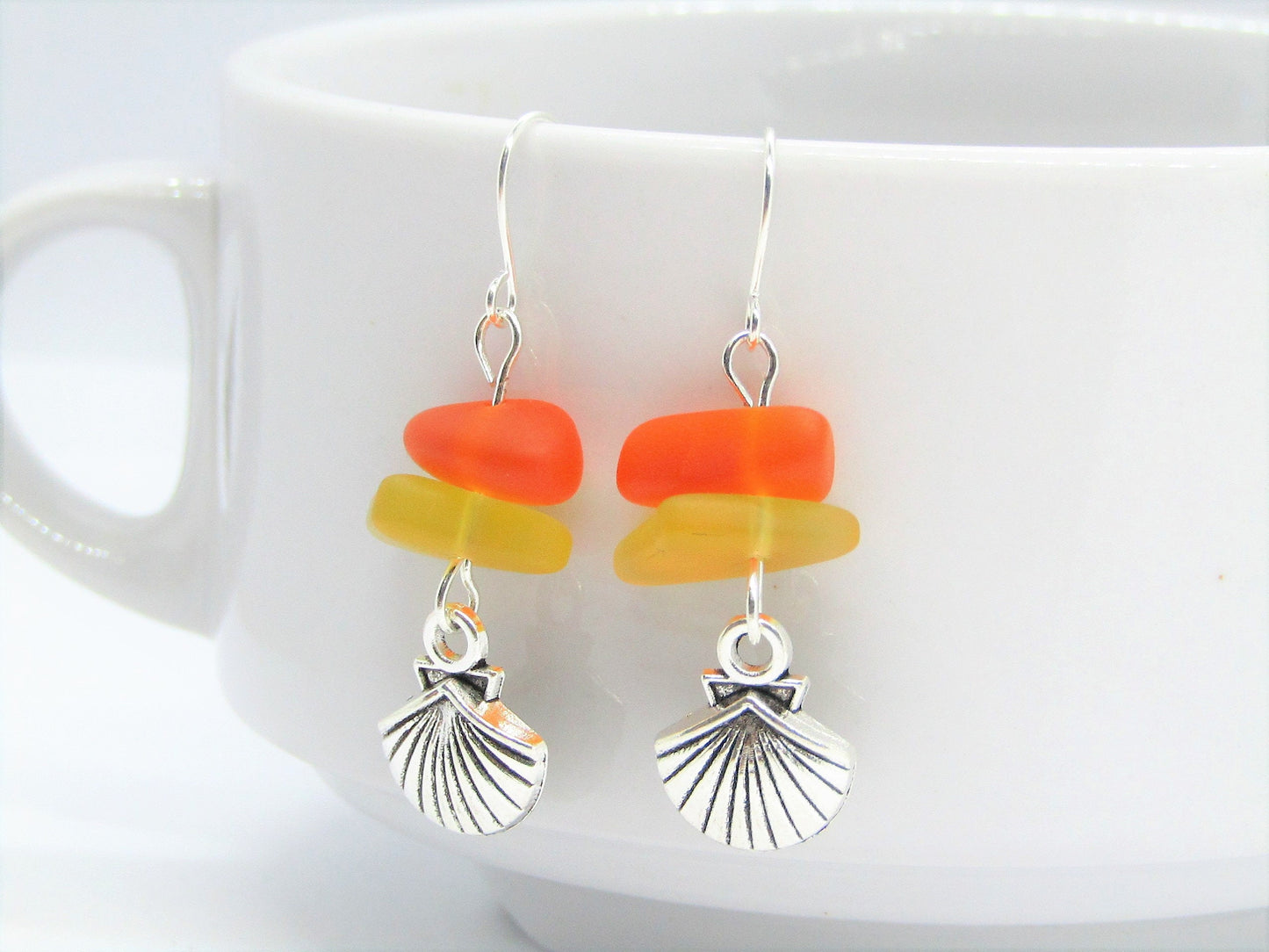 Sterling Silver Sea Glass Earrings: Seashell Charm Dangle Earrings